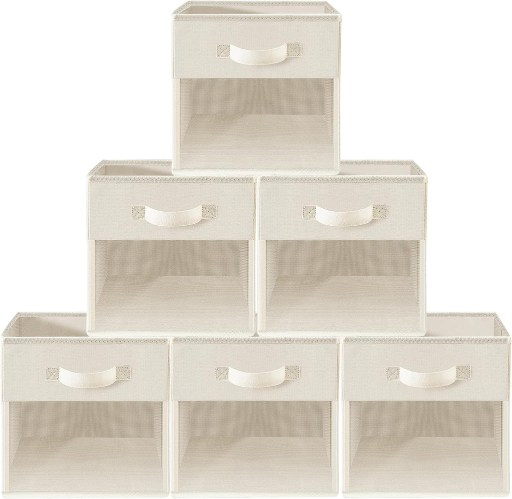 Storage Cubes, 11 Inch Cube Storage Bins With Clear Window, 6 Pack, Foldable Cubes With Handles, Closet Storage Organizer Bins, Cubby Clothing Storage Baskets for Shelves, Beige