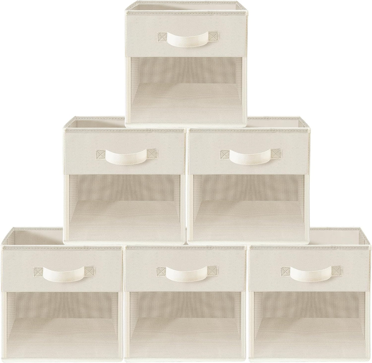 Storage Cubes, 11 Inch Cube Storage Bins With Clear Window, 6 Pack, Foldable Cubes With Handles, Closet Storage Organizer Bins, Cubby Clothing Storage Baskets for Shelves, Beige
