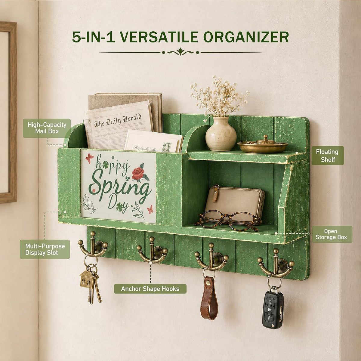 Key Holder Wall Mount with Chalkboard & 4 Key Hooks for Home Decor, Green