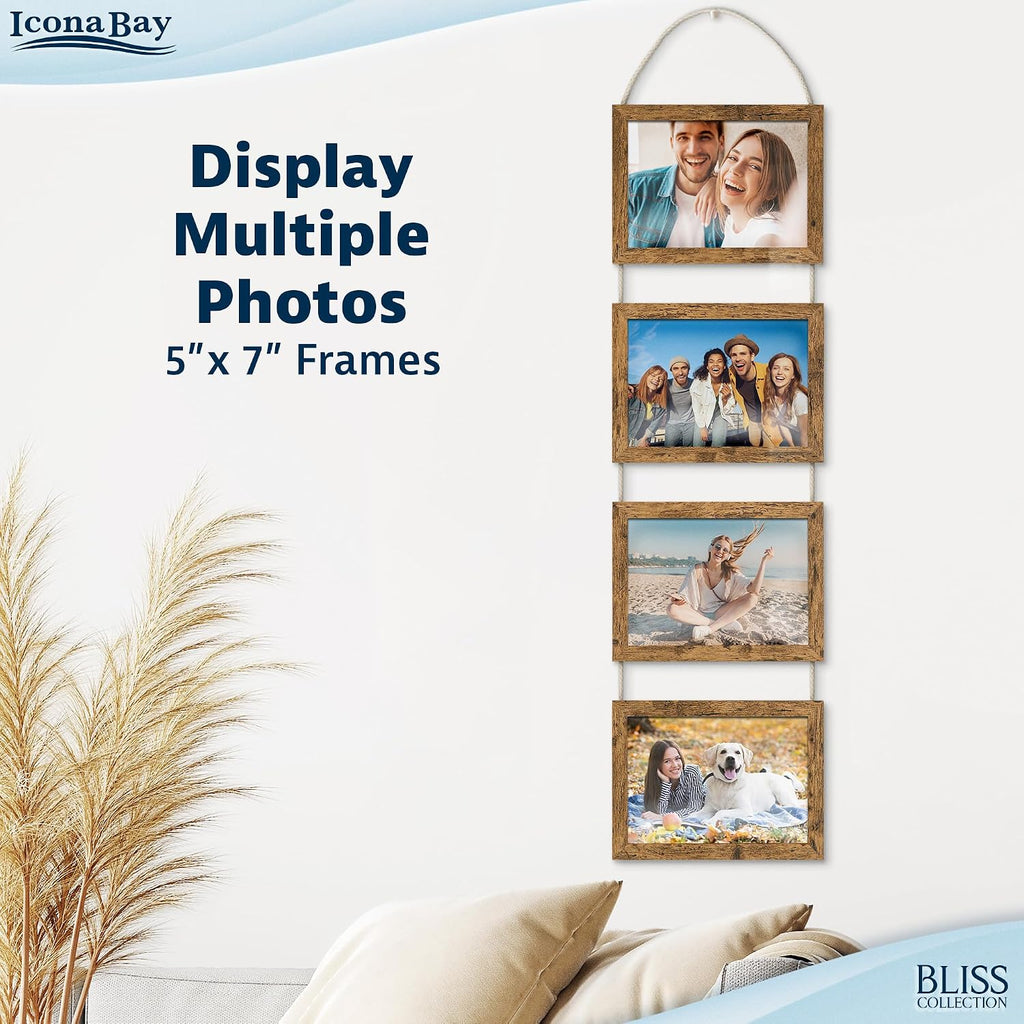 Icona Bay - 5x7 Wall Hanging Picture Frames Collage with 4 Openings - Rustic Brown - Casual Style Engineered Wood Frames - Wall Mount Only - Bliss Collection (Pack of 3)