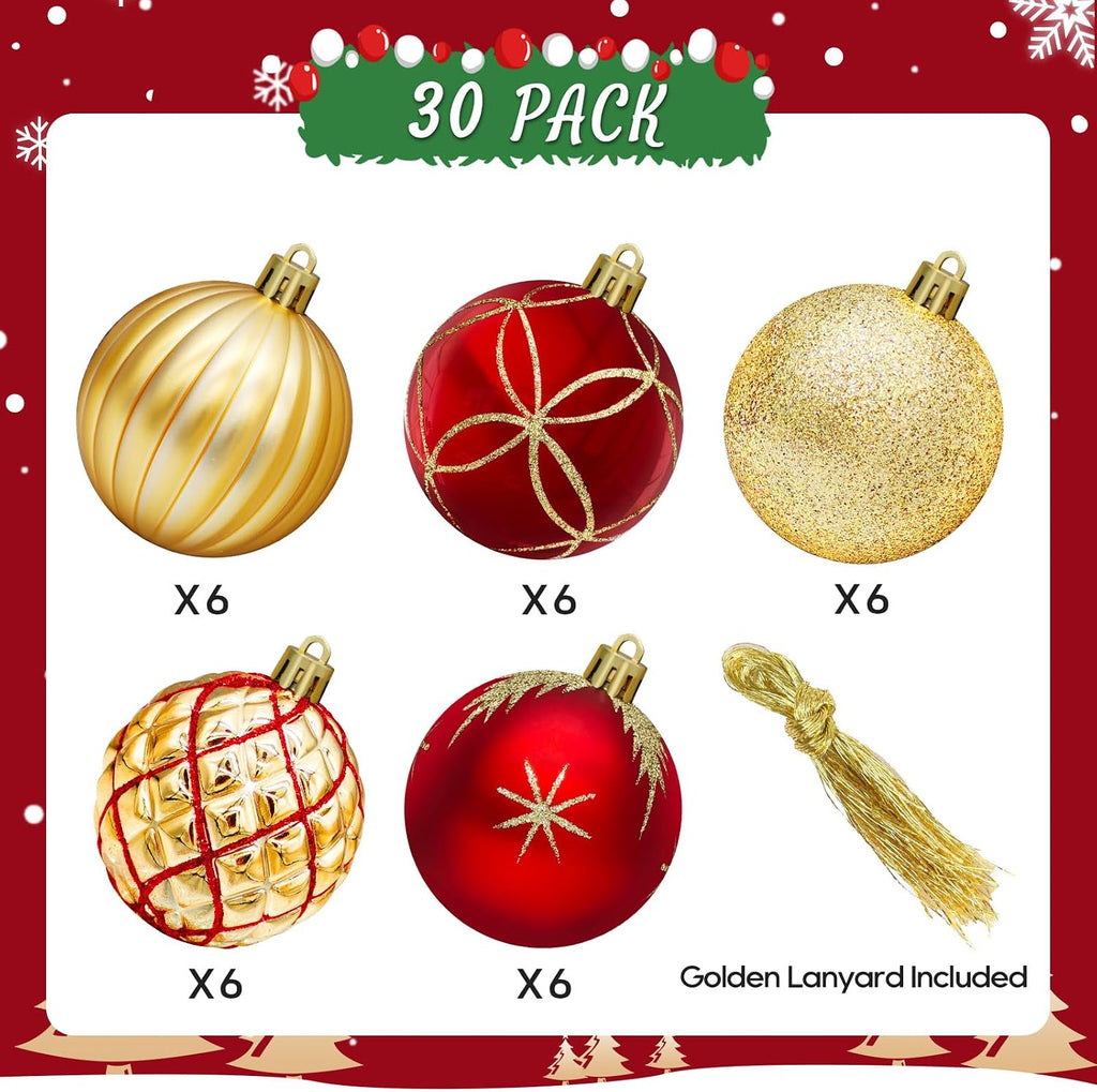 2.5 Inch Christmas Ball Ornaments, 30-Piece Set, Red, Gold