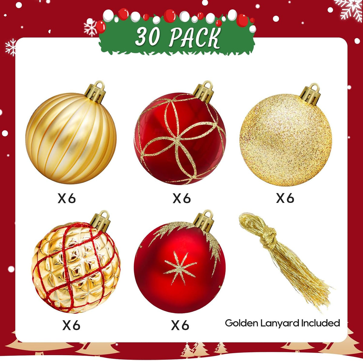 2.5 Inch Christmas Ball Ornaments, 30-Piece Set, Red, Gold
