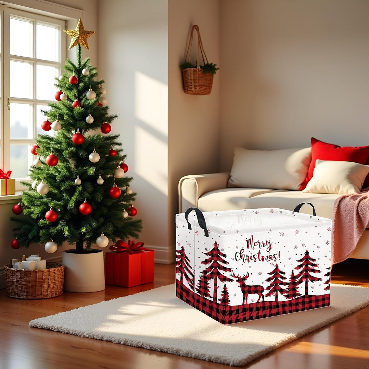 Rectangular Storage Basket for Boys Kids Basket Storage Bin Organizer Box(Deer Christmas)