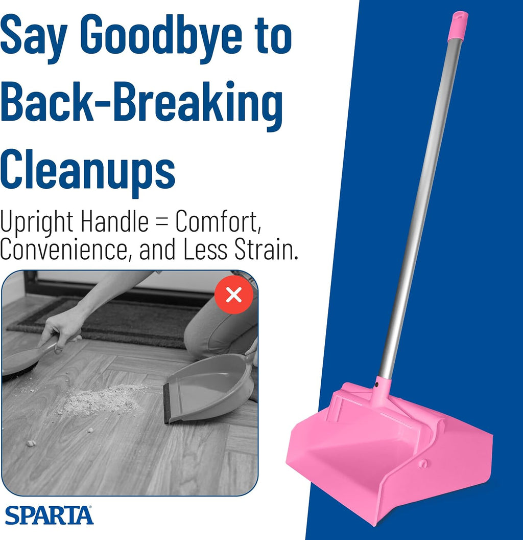 SPARTA Color Coded Upright Dustpan with 30 Inch Aluminum Handle, Serrated Edge and Locking Yoke, Standing Commercial Floor Dust Pan, Pink