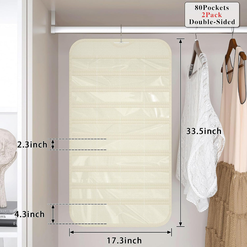 Hanging Jewelry Organizer 80-Pocket Double-Sided Storage, 2-Pack, Beige