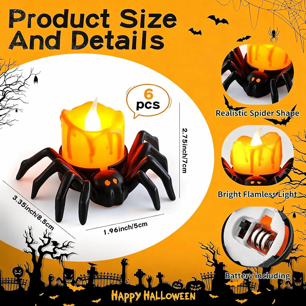 6 Pcs Halloween Spider Tea Lights Candles, Battery Operated Orange LED Flameless Spider Candles Holder Lights, Bright Spooky Halloween Decorations for Party Table Home Decor