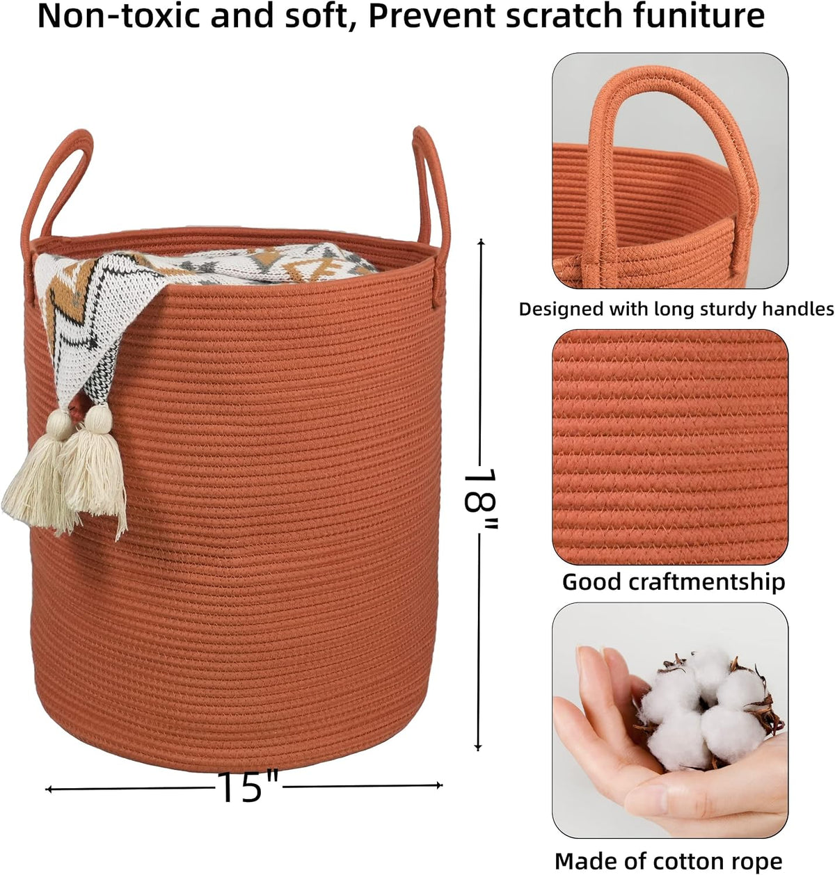 XUANGUO Cotton Rope Laundry Basket Hamper for Clothes Large Rust Red