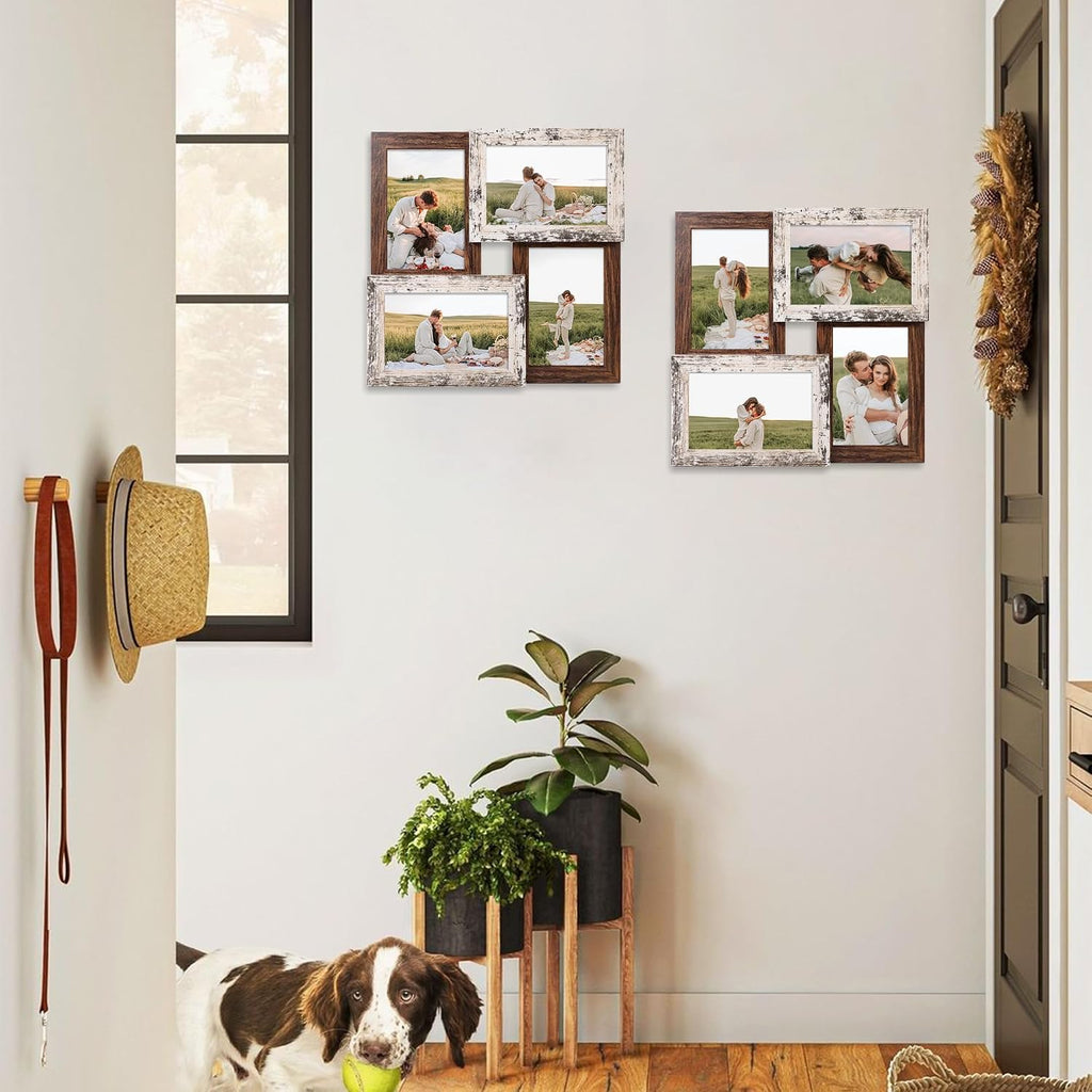 YESKAY 4x6 Collage Picture Frames, Multi Family Photo Frame with Real Glass, Displays Four 4x6 Photo, Wall Decor Wall Hanging or Tabletop, Distressed White+Rustic Brown