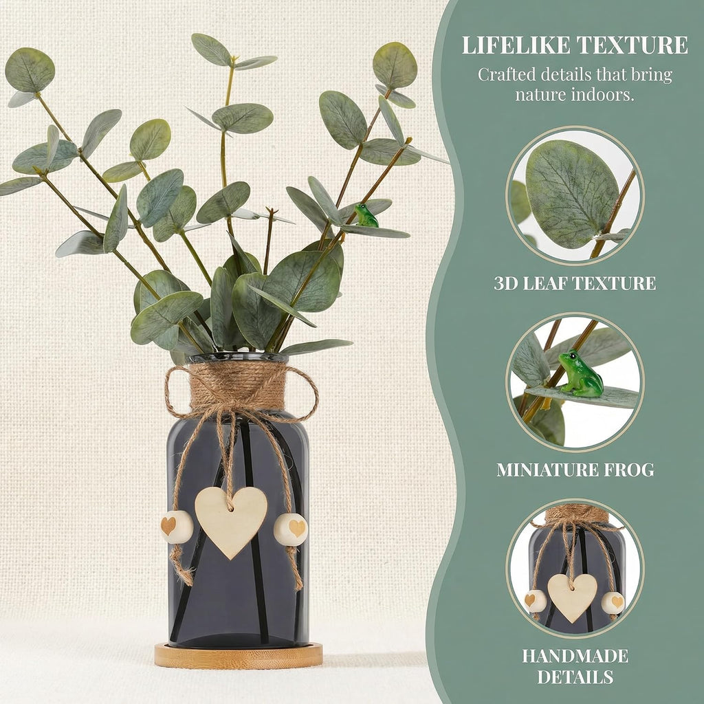 Artificial Eucalyptus Greenery Stems in Glass Vase,15" Doule Side 3D Fake Plants Eucalyptus Leaves faux Greenery for Centerpiece Table Decorations Home Room Decor office Desk Green Decor (Black)
