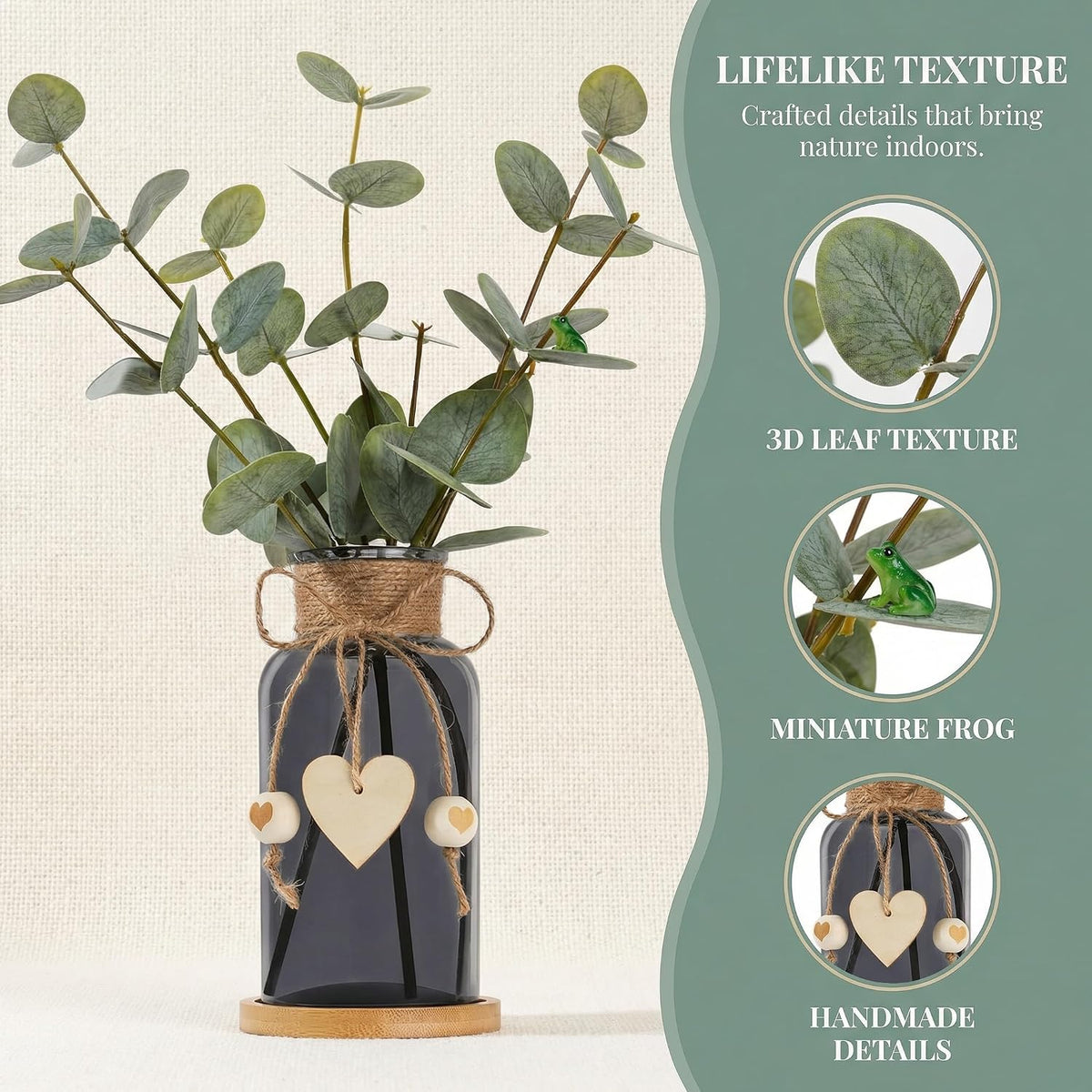 Artificial Eucalyptus Greenery Stems in Glass Vase,15" Doule Side 3D Fake Plants Eucalyptus Leaves faux Greenery for Centerpiece Table Decorations Home Room Decor office Desk Green Decor (Black)