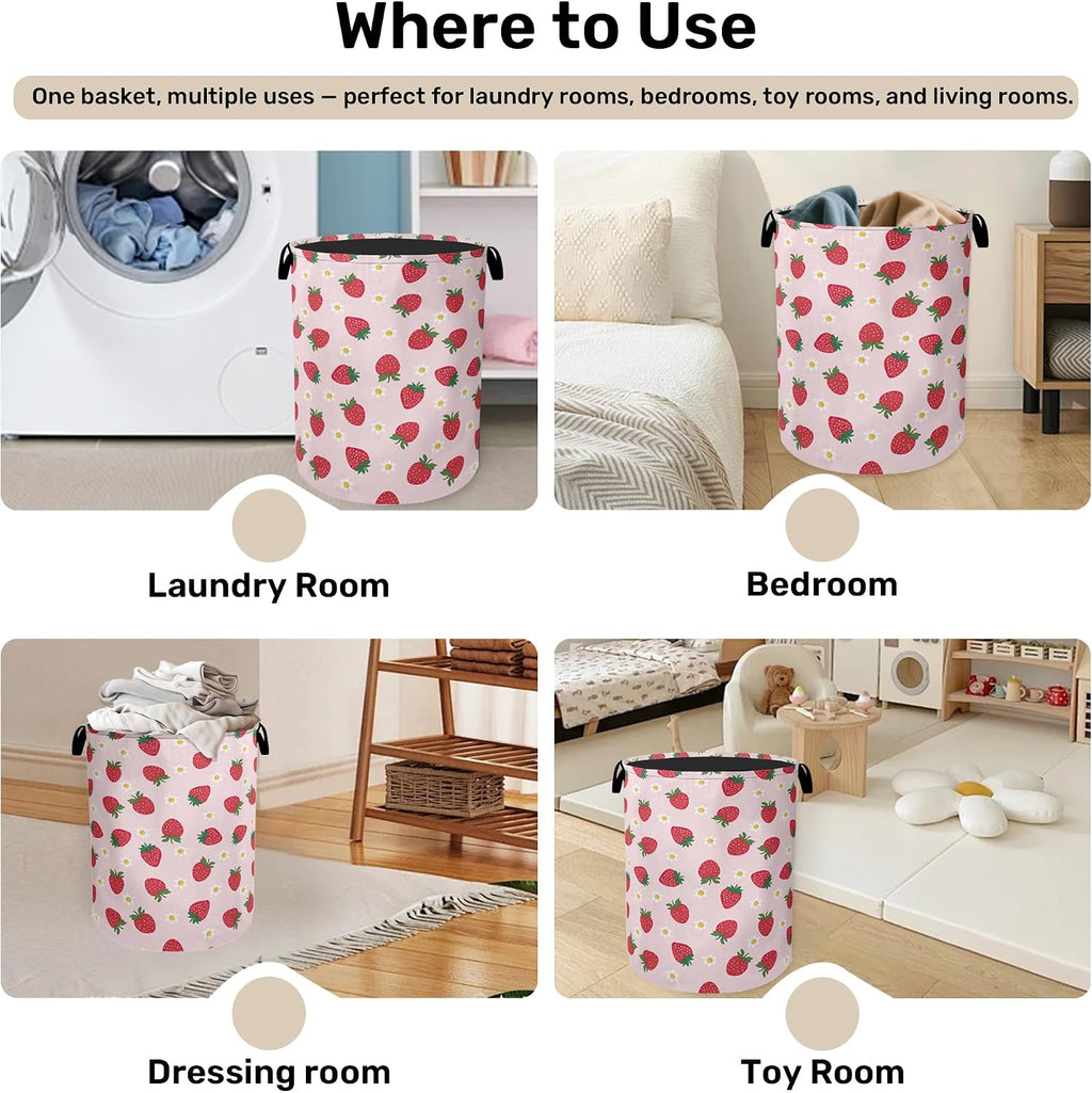 Cute Pink Strawberry Laundry Basket, Extra Large Foldable Hamper for Bathroom/Laundry/Bedroom/Dorm, Washable Fabric Storage Bin with Handle