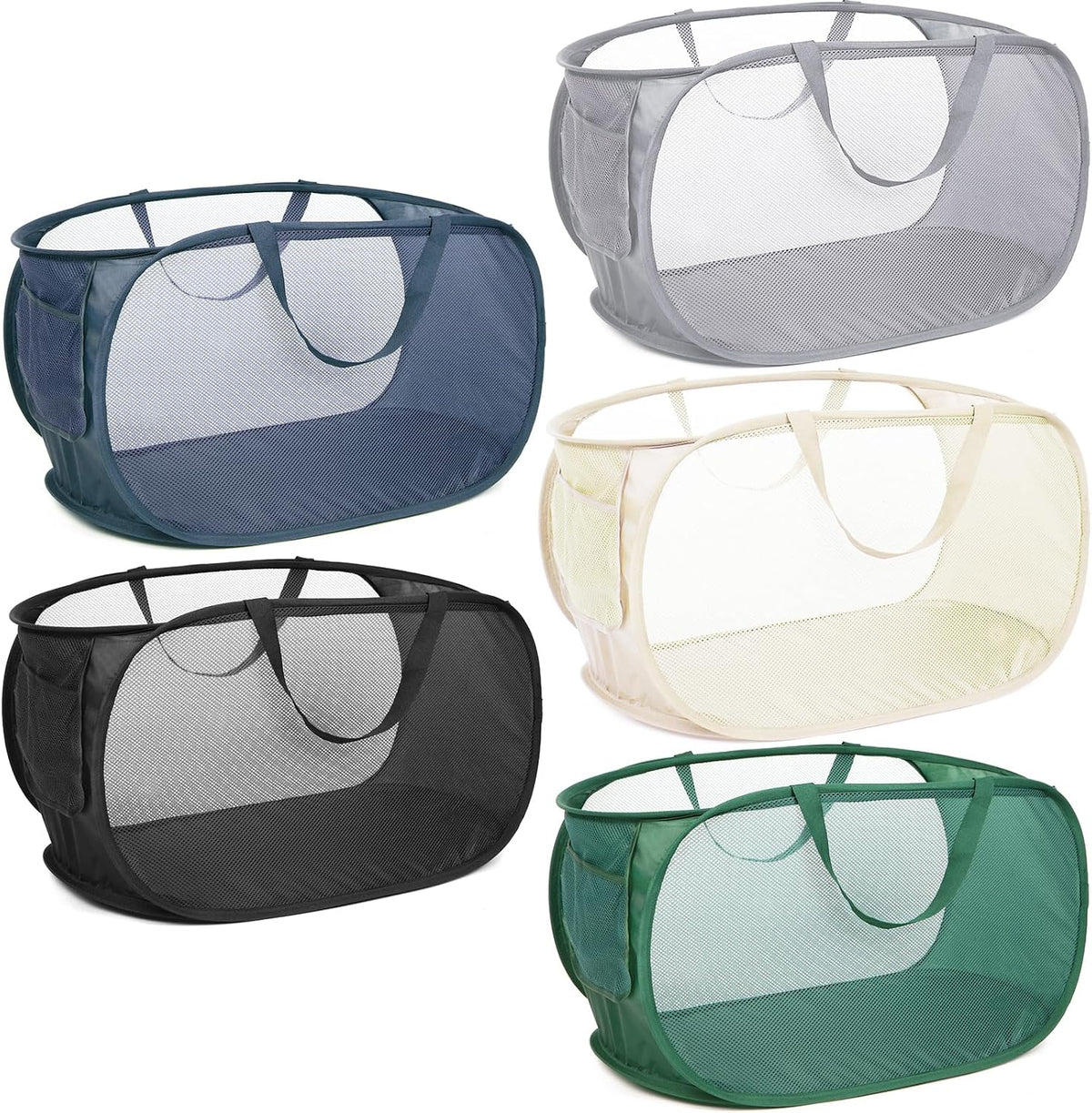 5 Pcs Durable Collapsible Laundry Baskets, Foldable Laundry Basket Large Opening, Pop Up Laundry Hamper with Pocket, Clothes Hamper with Handles for Laundry, Bathroom, Kids Room, Dorm or Trave