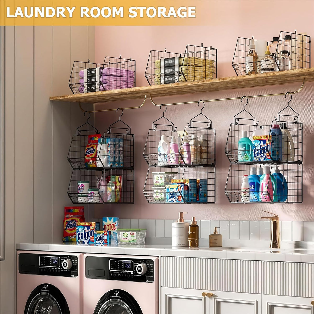 X-cosrack 7 Tier Foldable Hanging Closet Organizer and Storage,Wire Closet Shelving with 4 Large Hooks+ 5 S Hooks,Hanging Basket for Clothes Sweaters Shoes Handbags,Small Closet Organizers