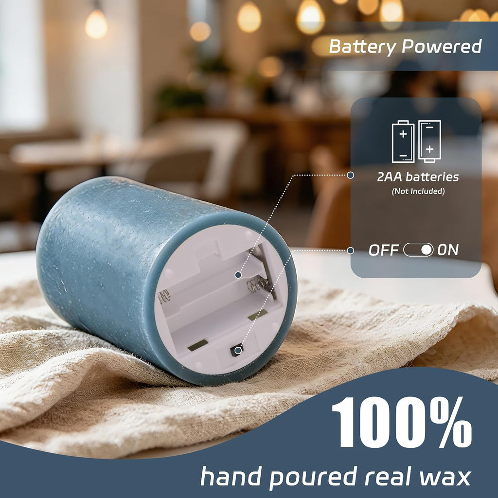 Dusty Blue Flameless Candles with Remote Timer, Battery Operated, Set of 3