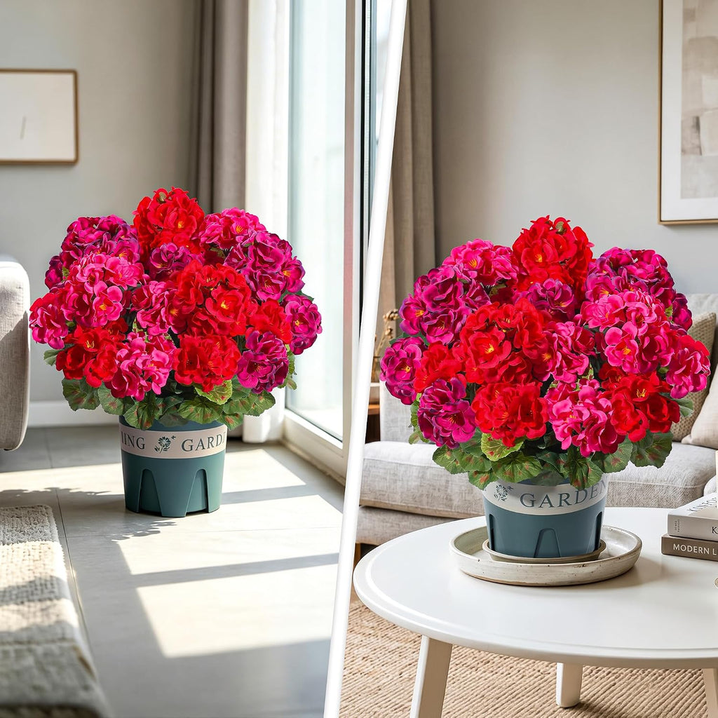 Geraniums Artificial Flowers for Outdoors, 2 Pack Potted Plants Faux Geraniums Bush Artificial Topiaries Realistic UV Resistant Fake Flowers Greenery for Outside Gardens Porch Patio Yard Indoor, Mix