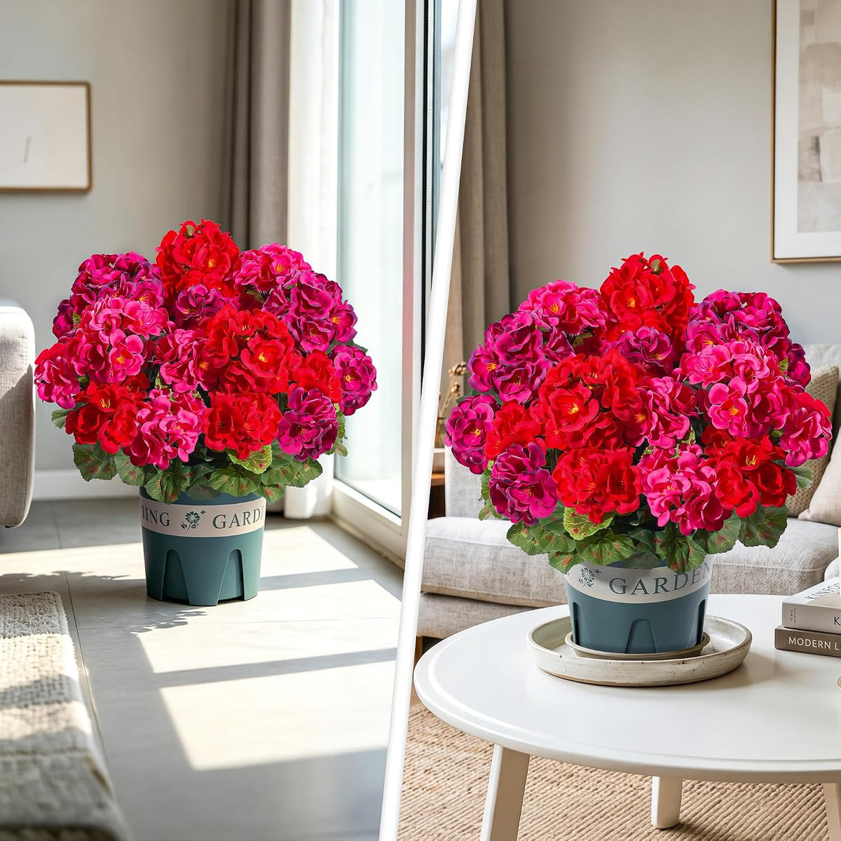 Geraniums Artificial Flowers for Outdoors, 2 Pack Potted Plants Faux Geraniums Bush Artificial Topiaries Realistic UV Resistant Fake Flowers Greenery for Outside Gardens Porch Patio Yard Indoor, Mix