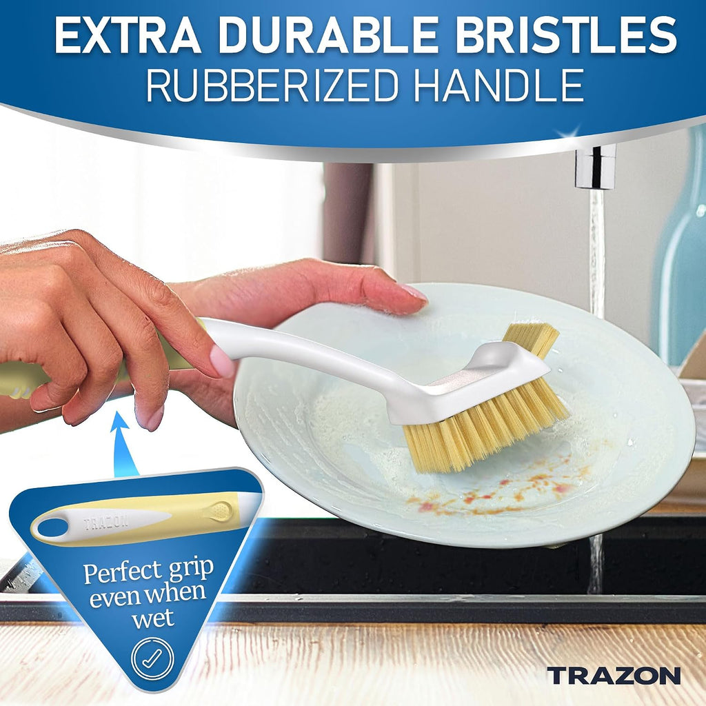 Dish Brush Set of 5 with Holder - Kitchen Scrub Brushes with Non-Slip Long Handle for Cleaning, Scrubber, Dishwashing, Dishes, Bottles, Straws, Cups, Pots & Sink, Baige
