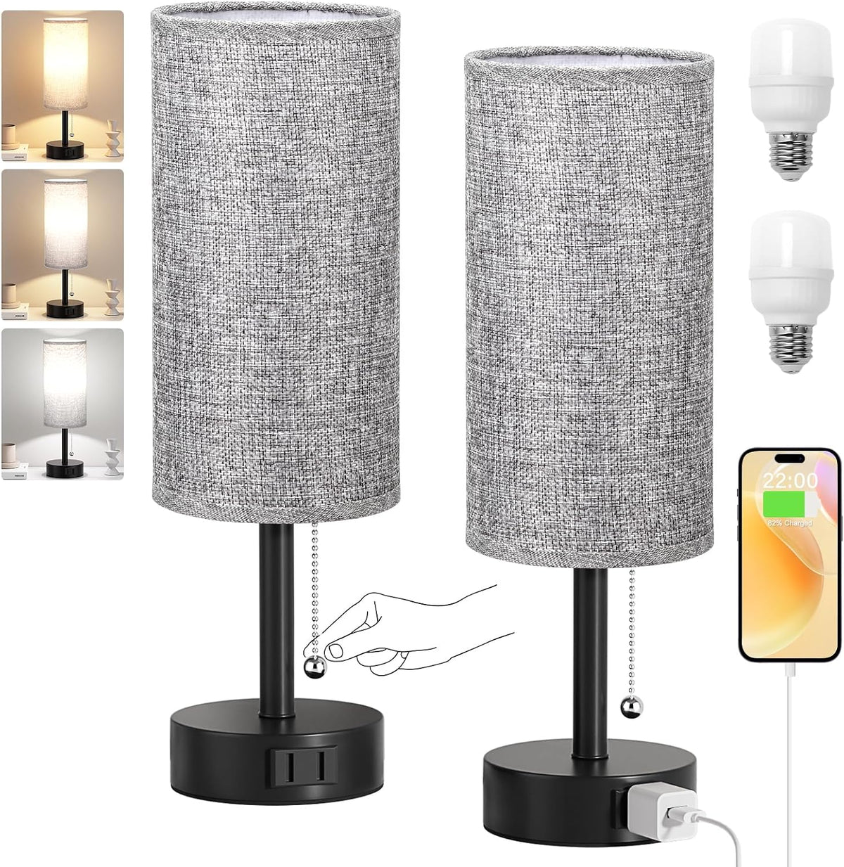 Grey Bedside Table Lamps Set of 2 - Bedroom Lamp for Desk, AC Outlet