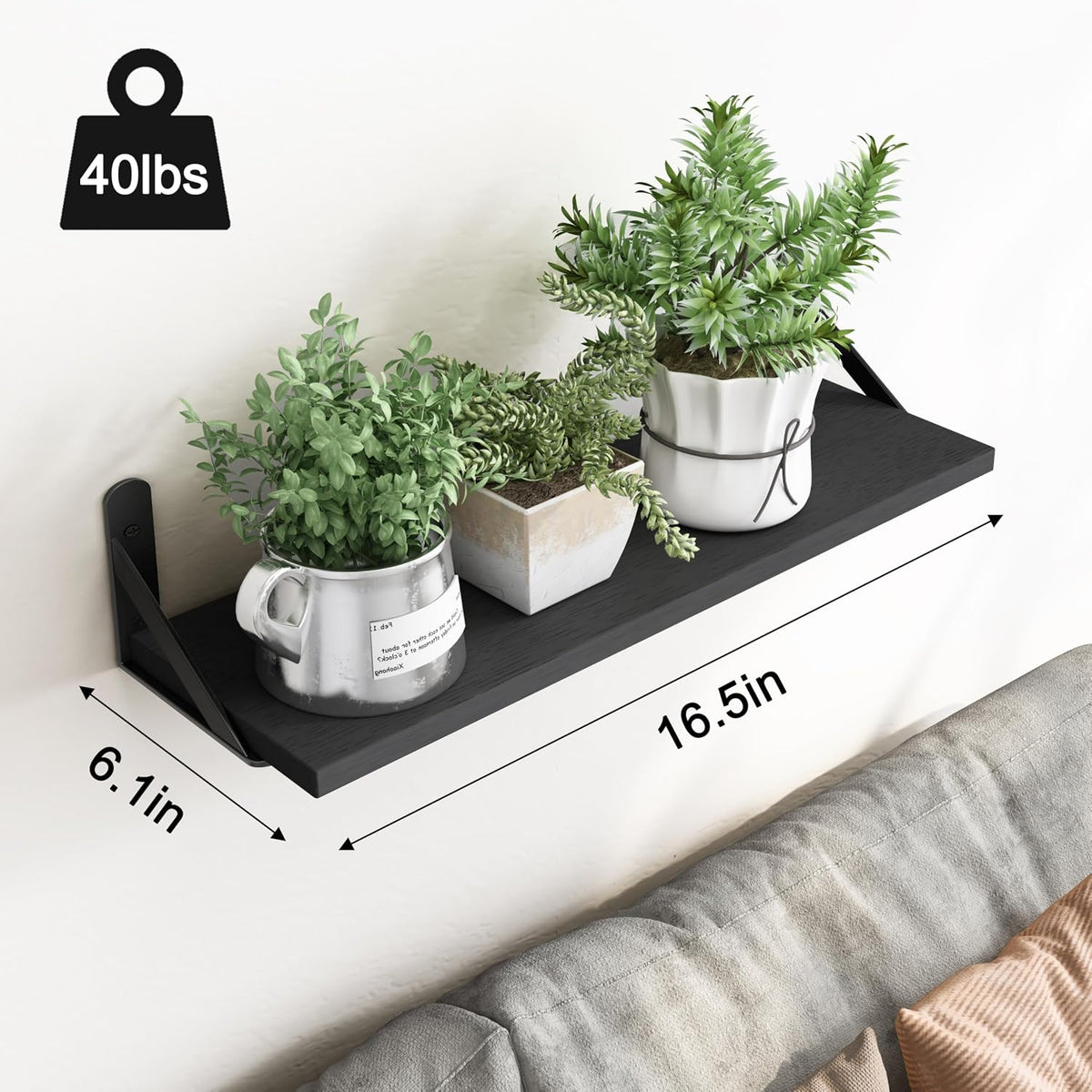 YGEOMER 16.5 Inch Floating Shelves for Wall Home Decor, Black, Set of 6