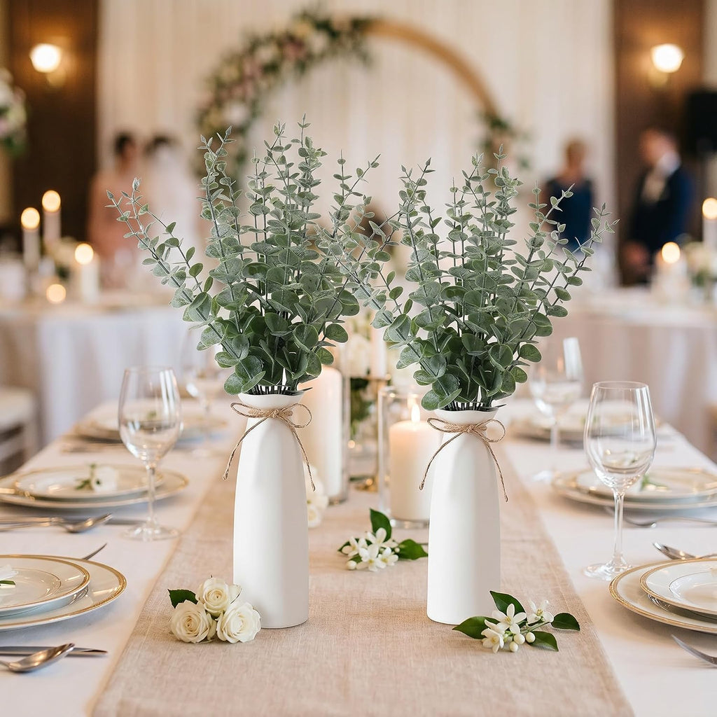 LemonRoad 2 Pack Artificial Eucalyptus Stem in White Ceramic Vase 19" Fake Greenery Plants for Home Decor 40 Pcs Modern Indoor Fake Eucalyptus Stem for Table Centerpiece Living Room Bathroom