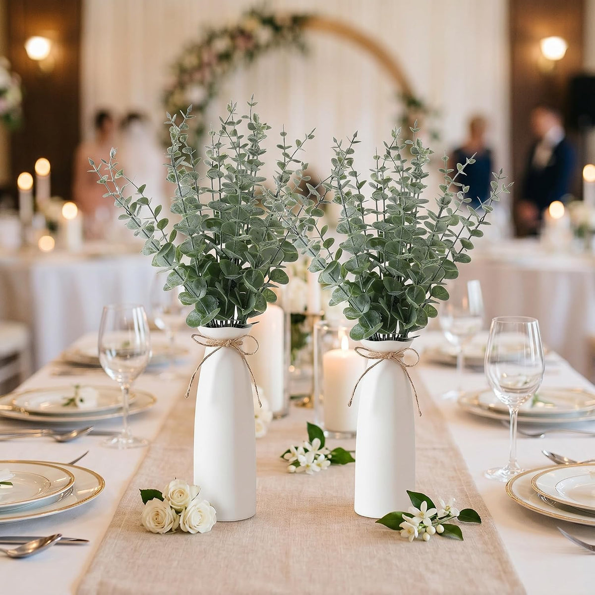 LemonRoad 2 Pack Artificial Eucalyptus Stem in White Ceramic Vase 19" Fake Greenery Plants for Home Decor 40 Pcs Modern Indoor Fake Eucalyptus Stem for Table Centerpiece Living Room Bathroom