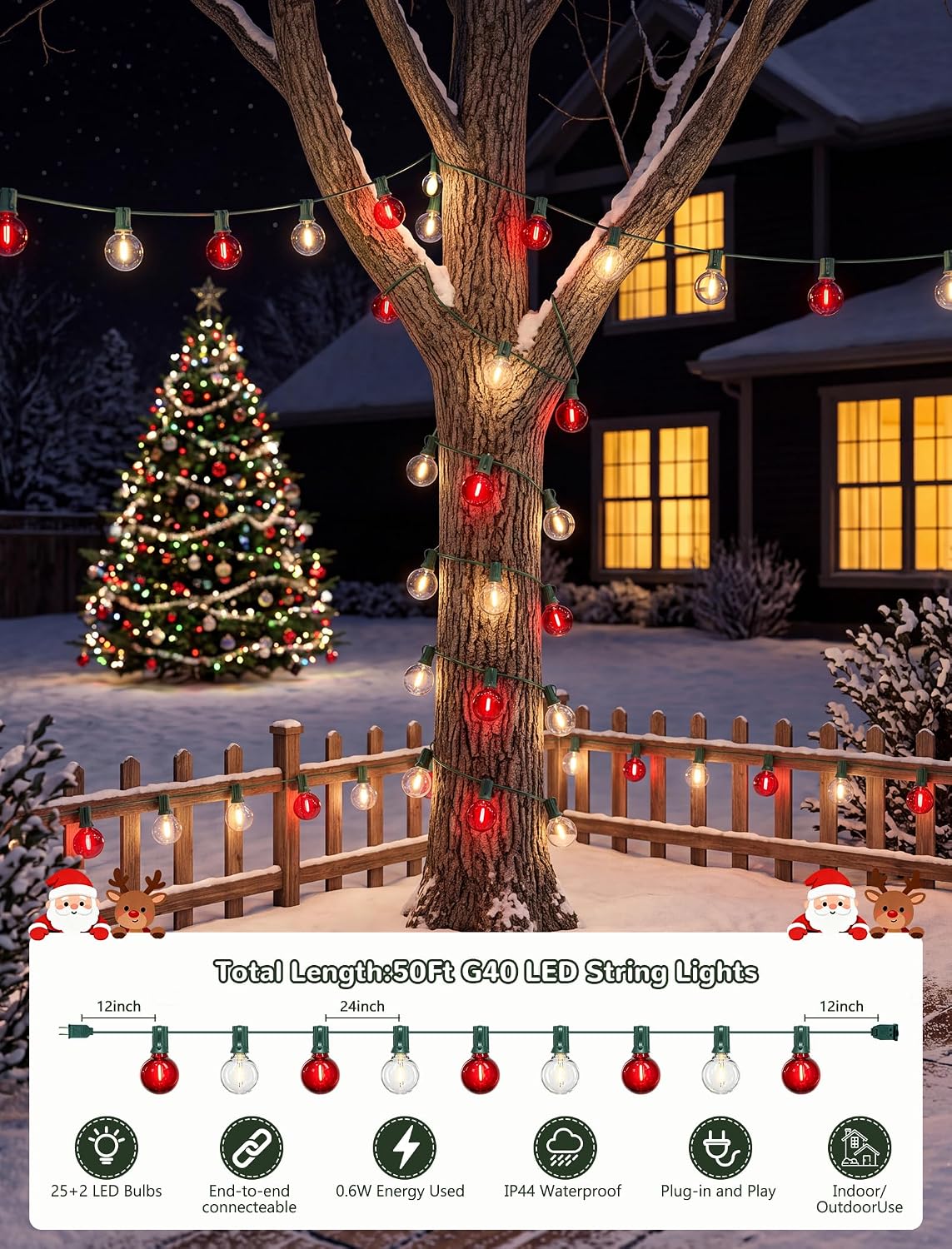 50FT LED G40 Red and White Christmas String Lights Outdoor, 27 Globe Bulbs