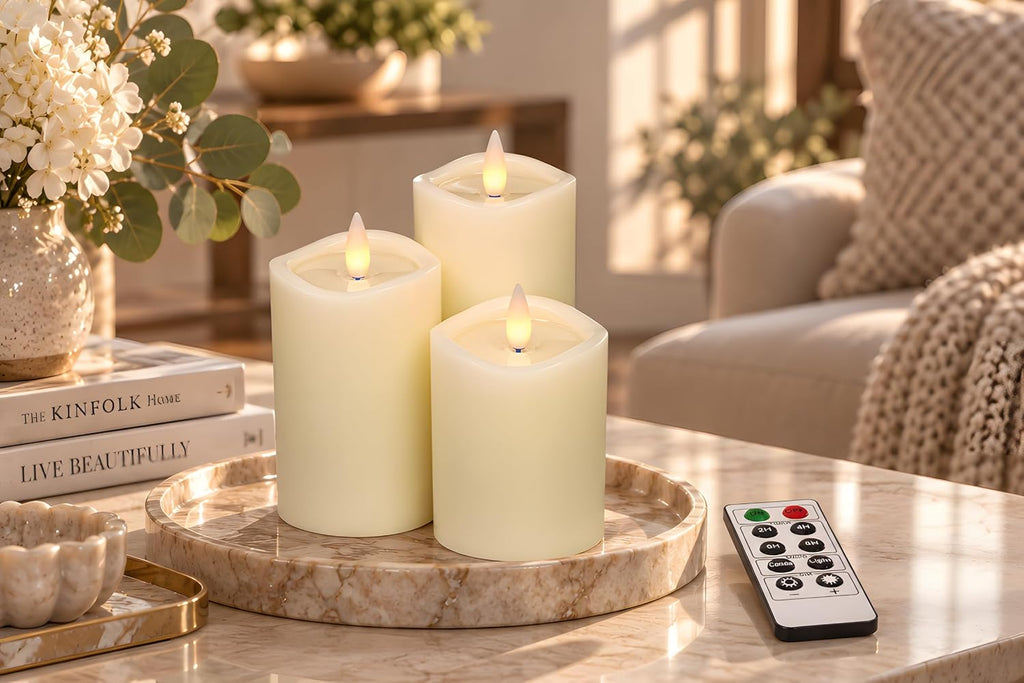 Flameless Pillar Candles Flickering with Remote Timer, Battery Operated LED Candles Up to 400 Hours, 3D Moving Flame Real Wax Candles. (Ivory with Wax Pool)