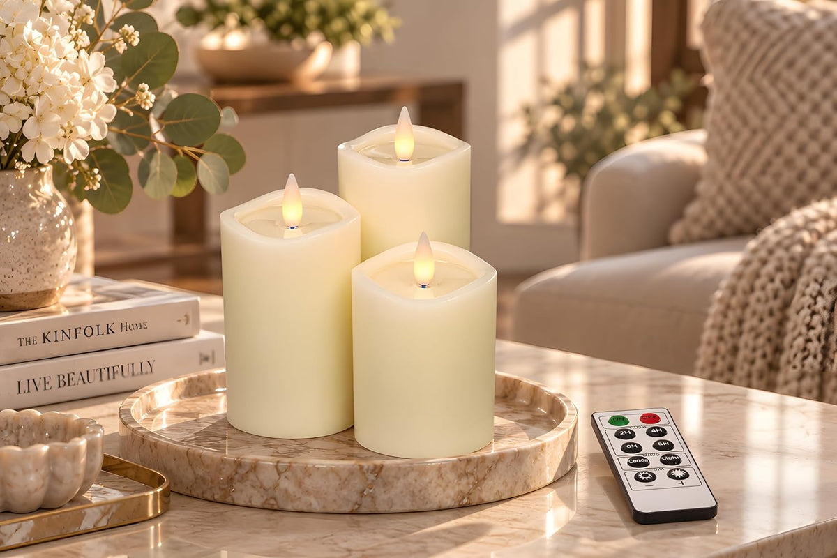 Flameless Pillar Candles Flickering with Remote Timer, Battery Operated LED Candles Up to 400 Hours, 3D Moving Flame Real Wax Candles. (Ivory with Wax Pool)