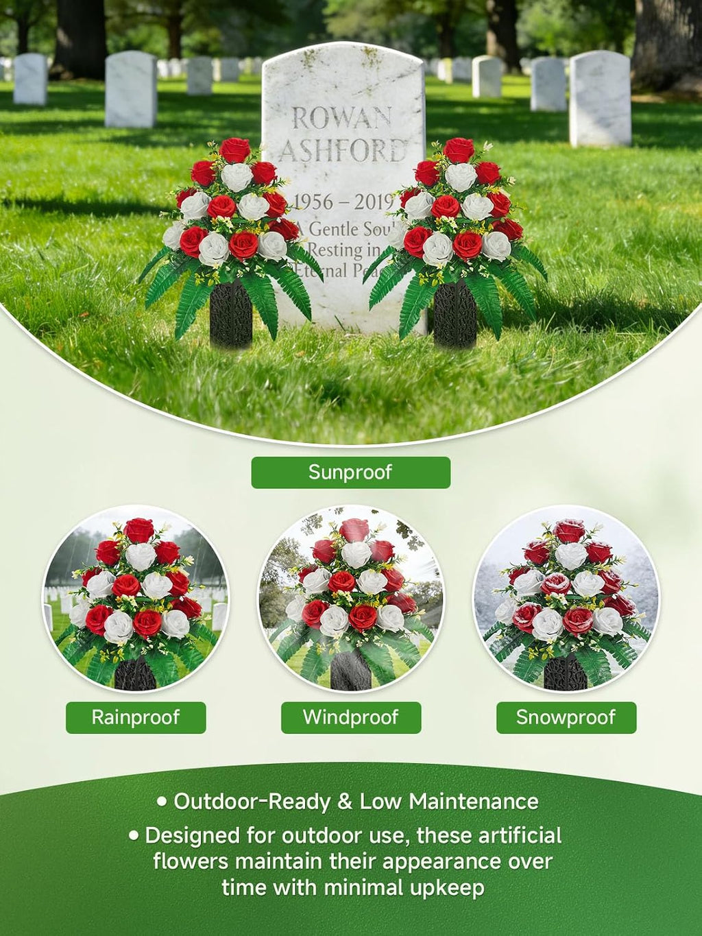 Mirevielyn 18-Stem Artificial Rose Cemetery Flowers with Spiked Vases