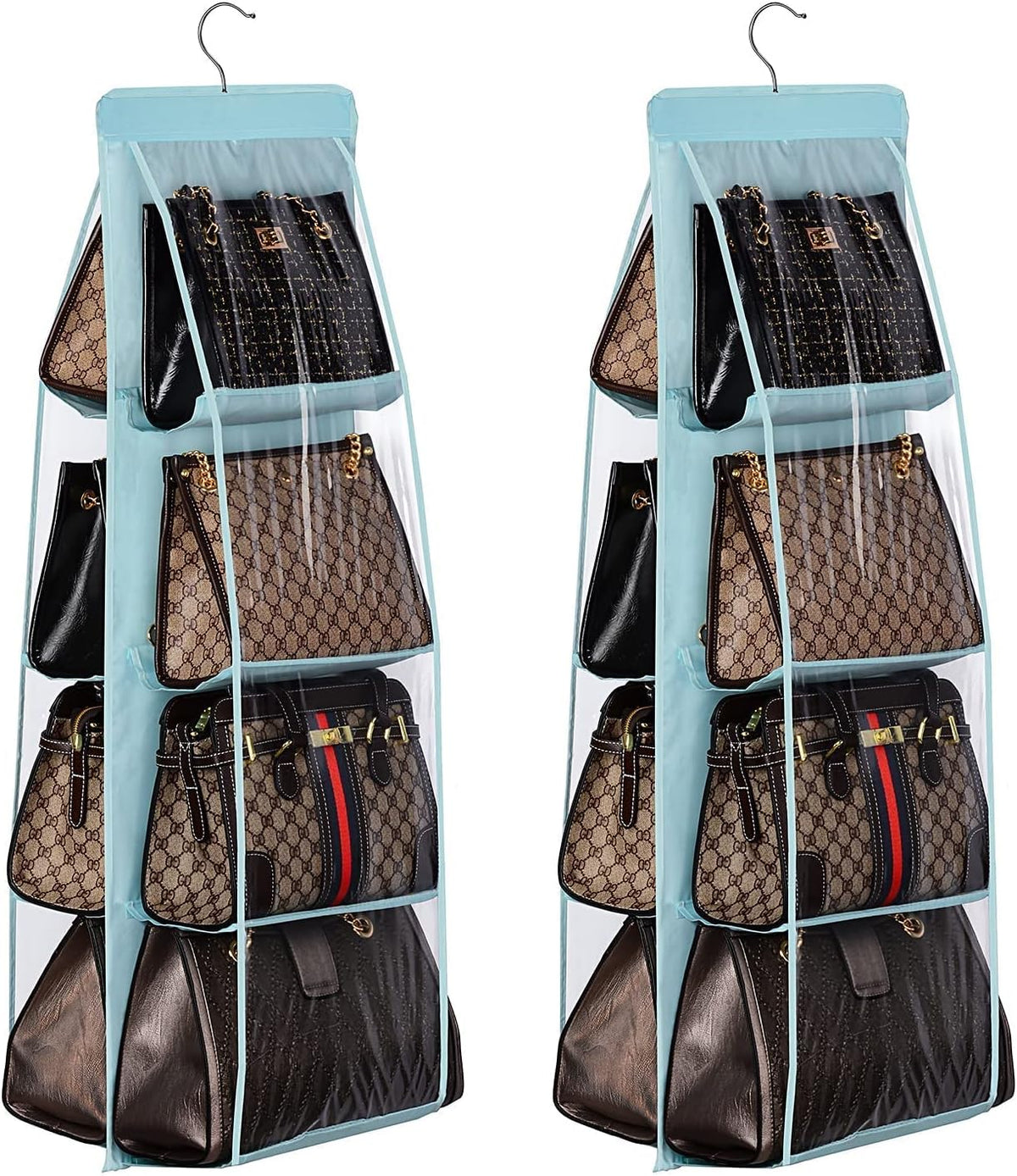 Lirex 2-Pack Handbag Hanging Purse Organizer for Closet, 8 Pocket Handbag Storage Organizer Hanger Oxford Cloth Closet Organizer for Family Closet Bedroom, Foldable and Universal Fit, Light Blue