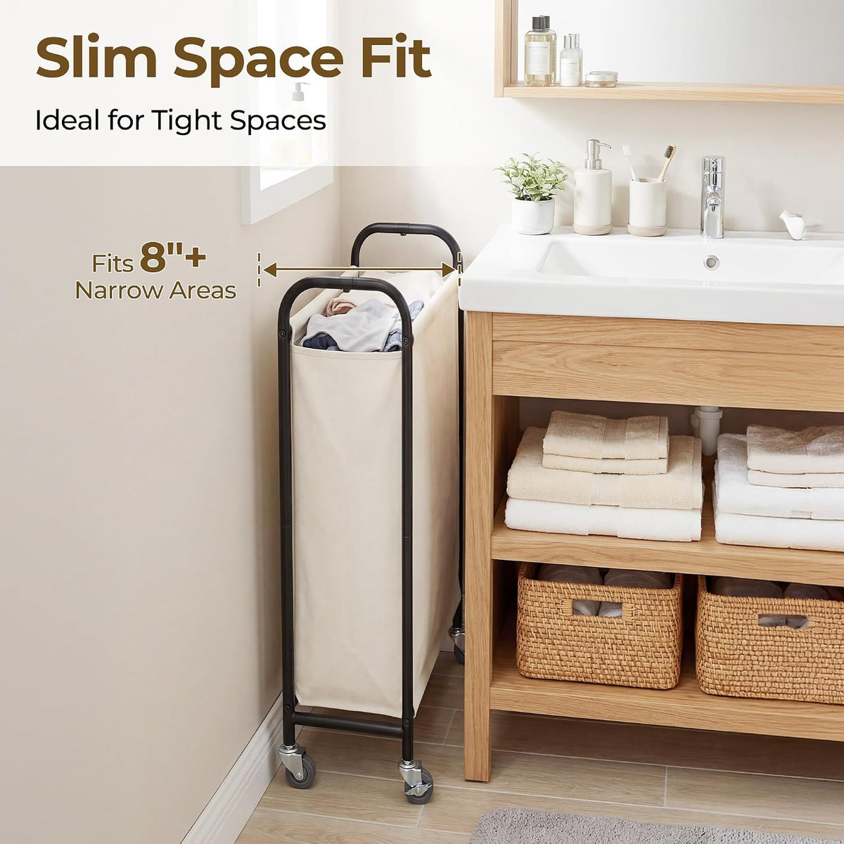 GRANNY SAYS Laundry Hamper, Slim Basket with Wheels and Handles, Beige, 80L