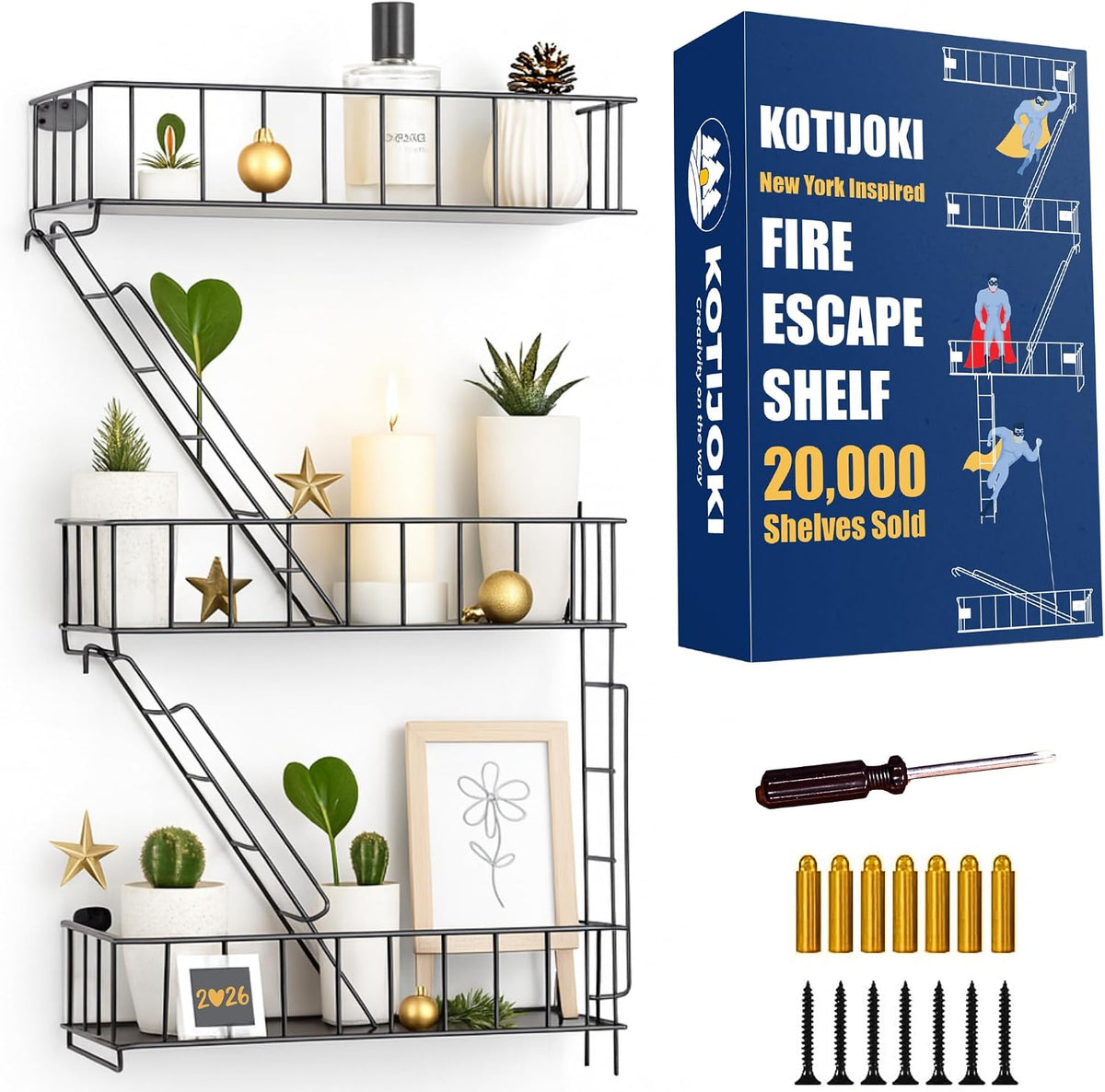Fire Escape Wall Shelf, Black Metal Decorative Floating Ladder, 3-Tier