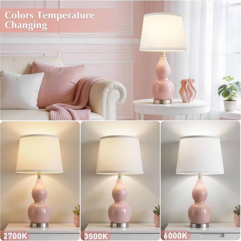 GyroVu 22" Table Lamp Set of 2, Color Temperature Adjustable Double Gourd Ceramic Lamps Classic Nightstand Table Lamps for Bedroom Beside Lamps for Living Room, Pink-Bulbs Included