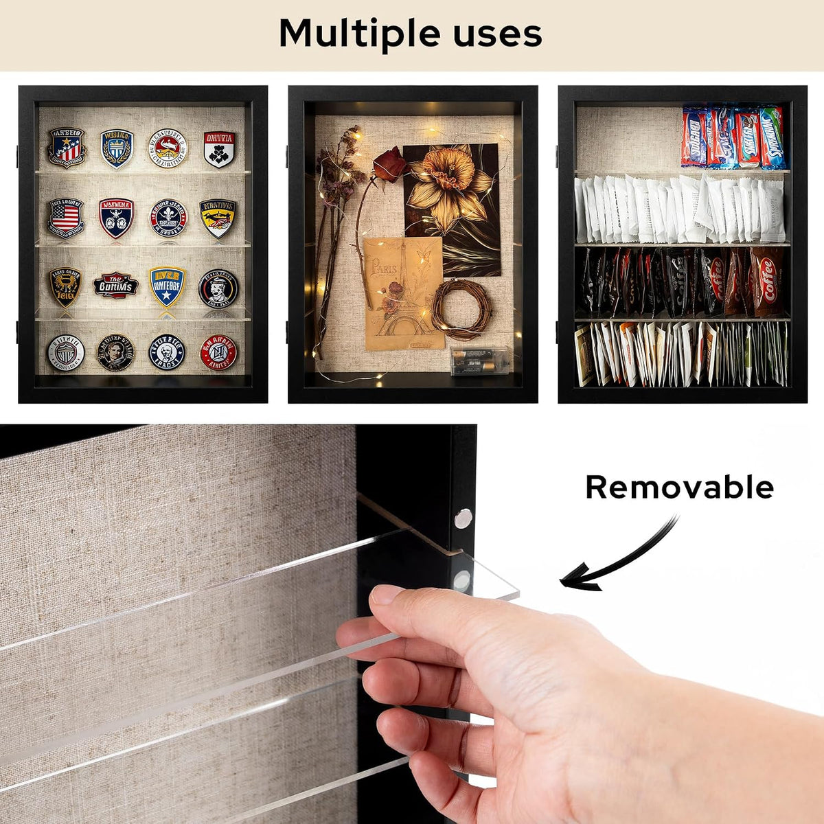 11x14 Shadow Box Display Cases with 3 Removable Clear Shelves, Black