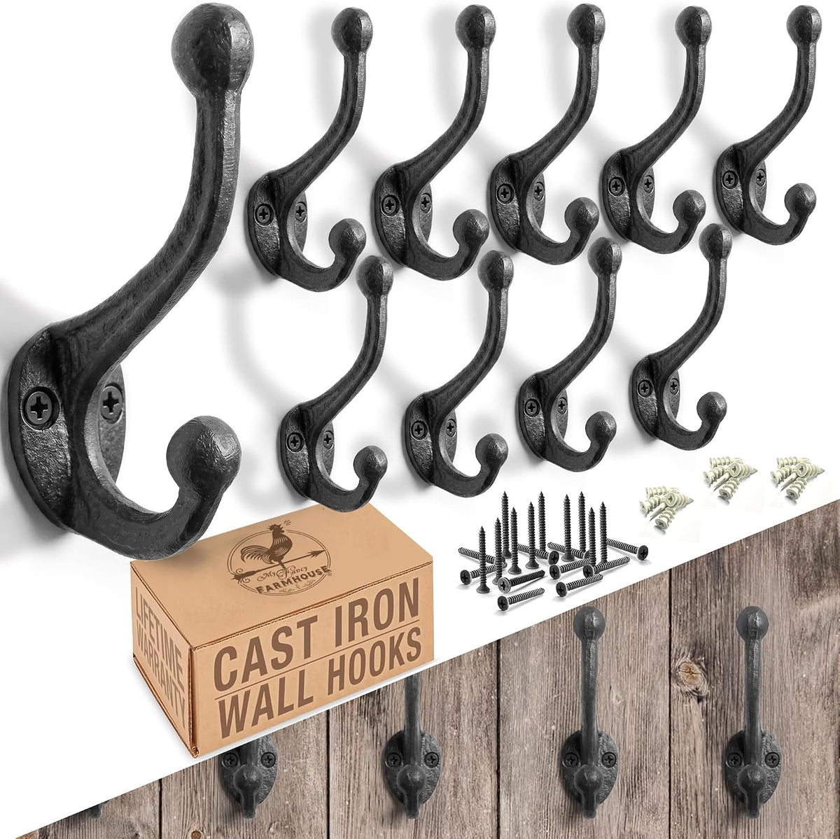 My Fancy Farmhouse Rustic Cast Iron Coat Hooks (10 Pack) Wall Mounted Farmhouse Decorative Wall Hooks, Vintage Hooks for Hanging Coats, Bags, Hats, Towels (Antique Black)