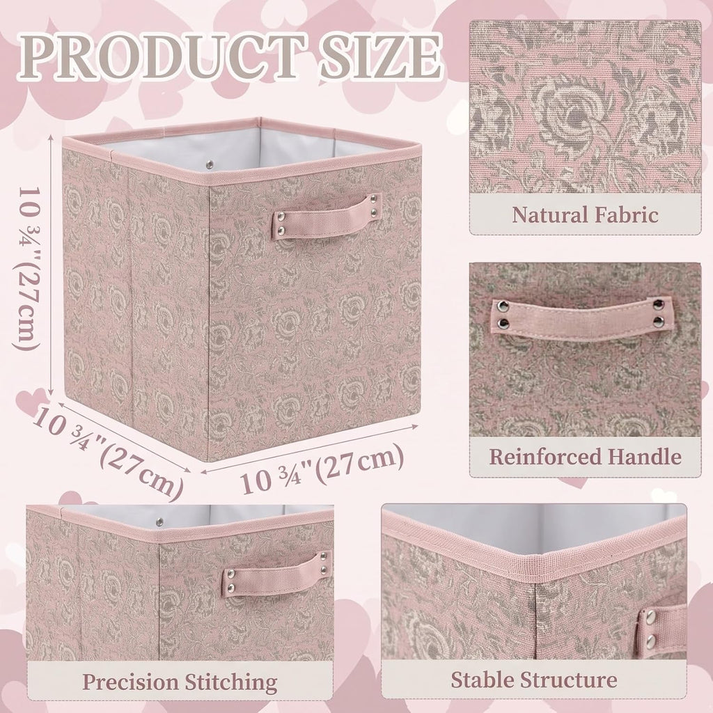 6 Pcs Pink Fabric Vintage Cube Storage Bins 11Inch Storage Basket with Handle, Linen Collapsible Fabric Box for Classroom Bedrooms Office Home Decoration (Pink and beige)