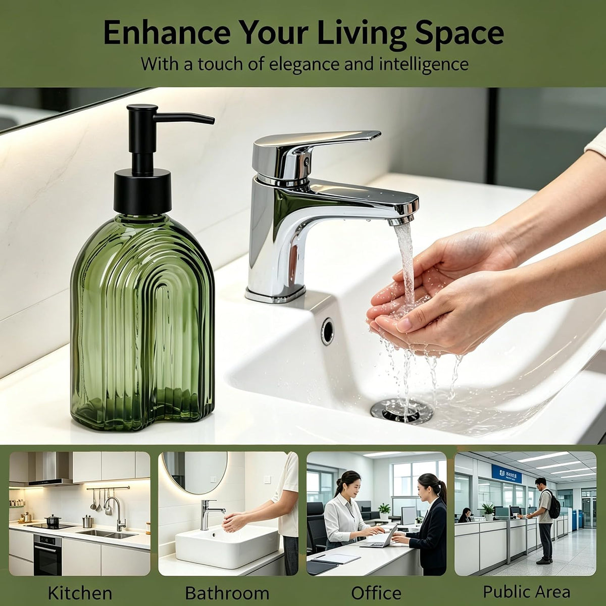YYTSGG Black Pump Glass Soap Dispenser, 12oz, Green Stripe