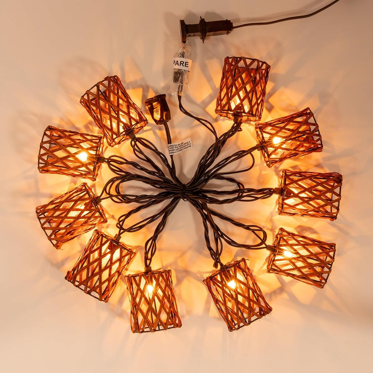 Decorative String Lights Plug in with 10 Incandescent Bulbs, Handwoven Rattan Cylinder-shaped Boho Lantern String Lights Connectable Weatherproof Outdoor Indoor for Bedroom Patio Pergola Decor (Brown)
