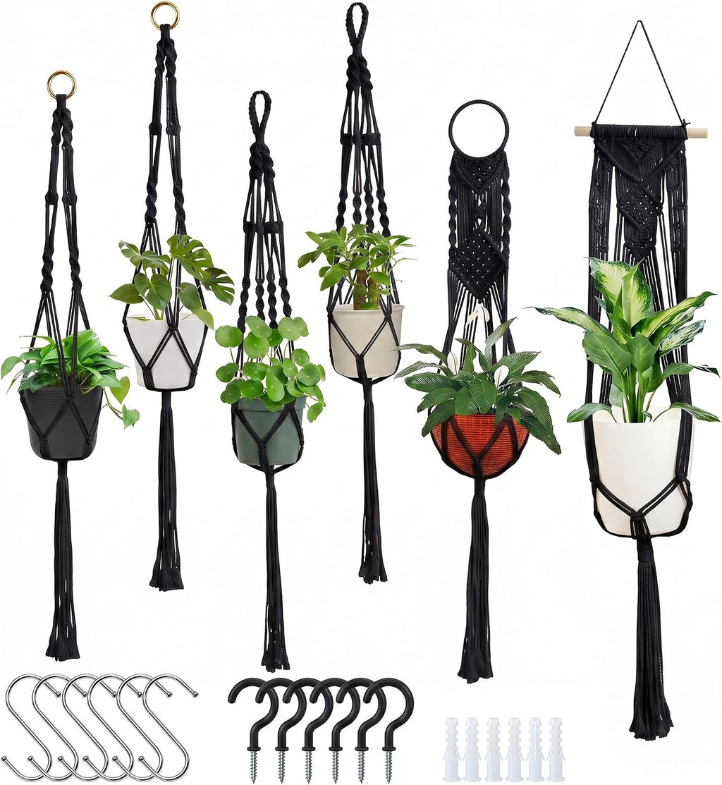Laerjin Macrame Plant Hangers, 6 Pack Hanging Planters with Hooks, Black