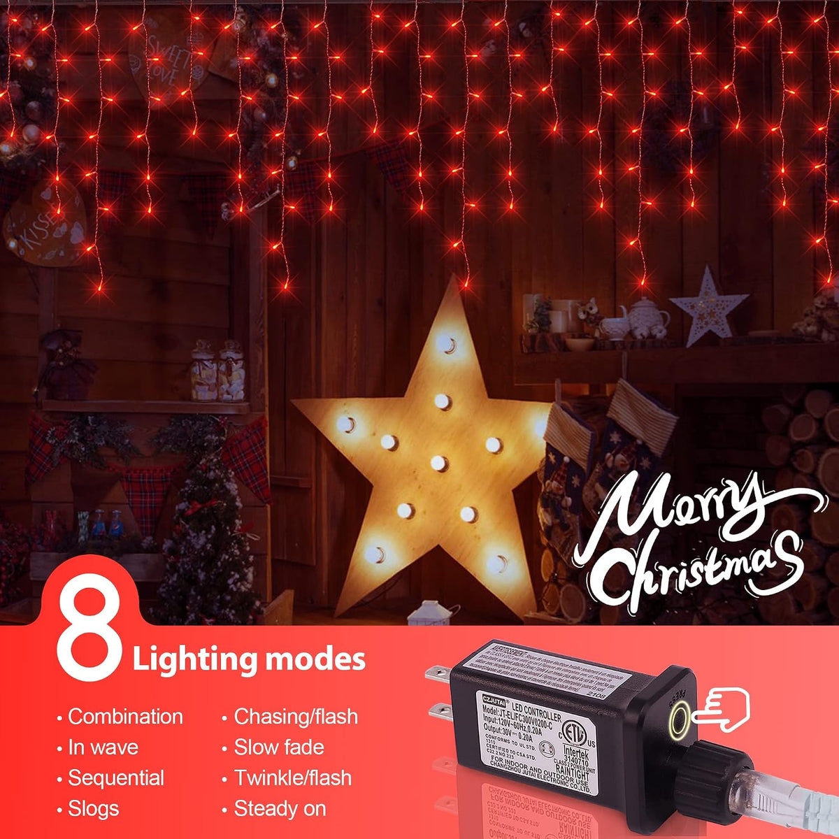 300 LED Red Icicle Lights,33FT Christmas Lights Outdoor