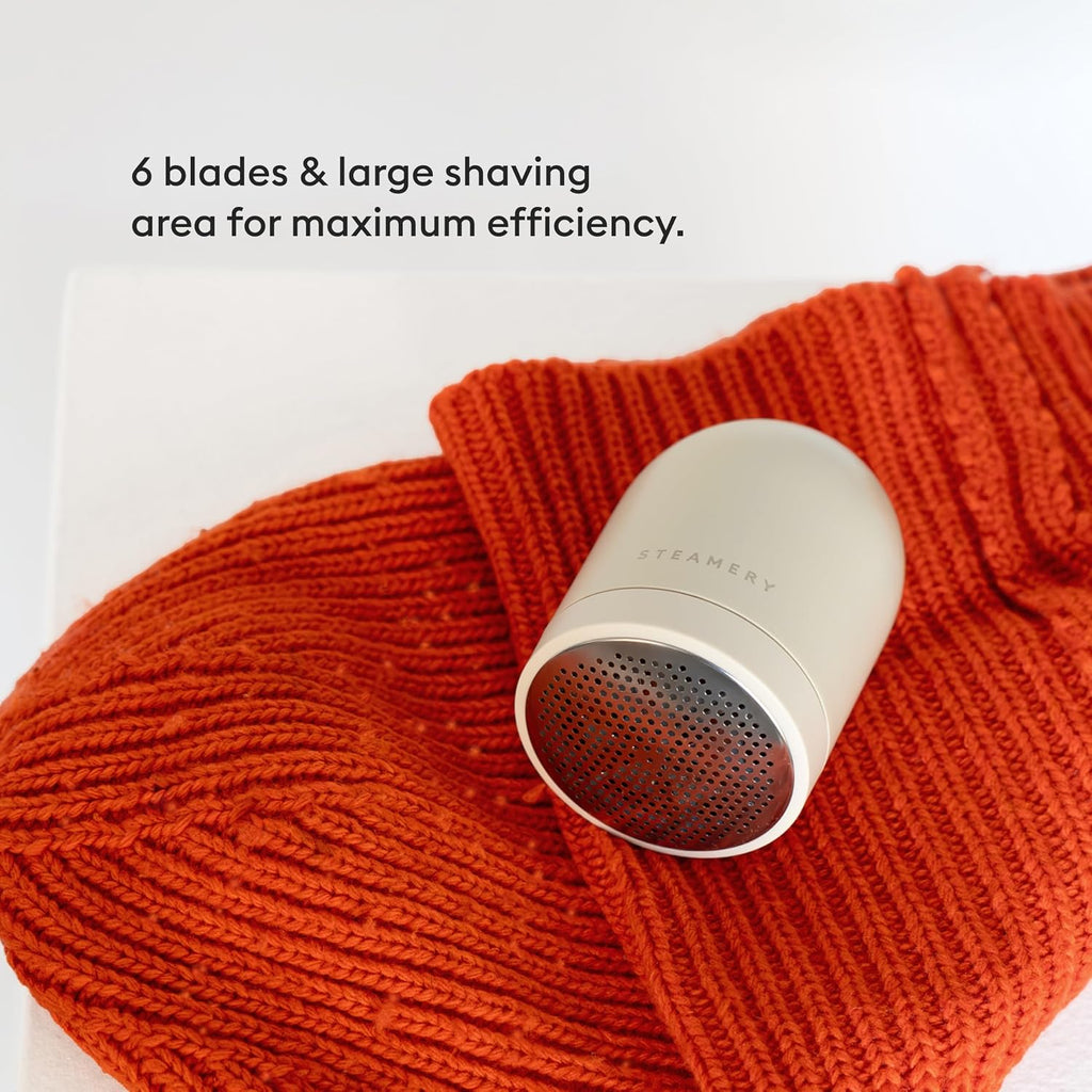 Steamery Pilo Icon Fabric Shaver for Clothes, Rechargeable Lint Remover & Sweater Shaver with USB-C, Replaceable Battery, Dual Mesh Covers, Large Shaving Surface, Scandinavian Design (Beige)