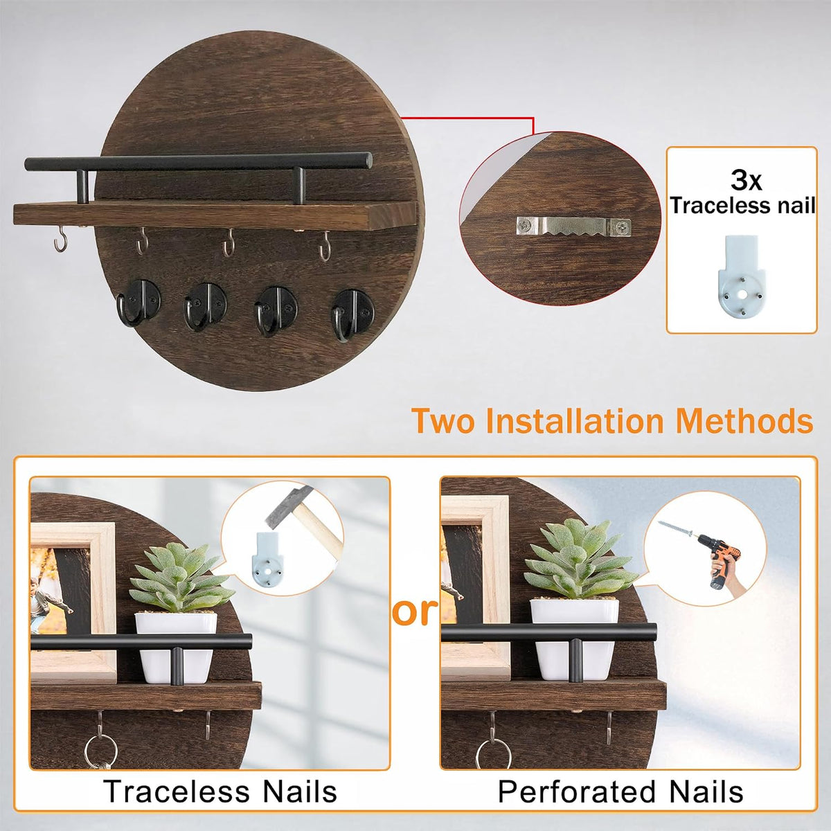 10.2" Key Holder Wall Mount with Shelf & Mail Organizer, 8 Hooks Brown