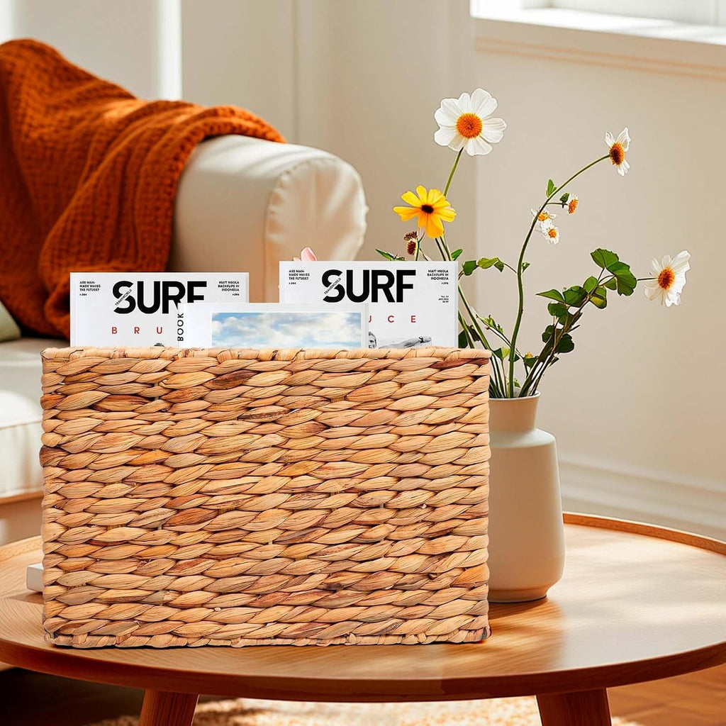 Magazines Holder Basket - Wicker Magazine Basket, Handwoven Magazine Holders for Bathroom,Home Magazine Storage Basket, Water Hyacinth Magazine Rack Organizer for Books, Newspapers, Narrow Rectangle