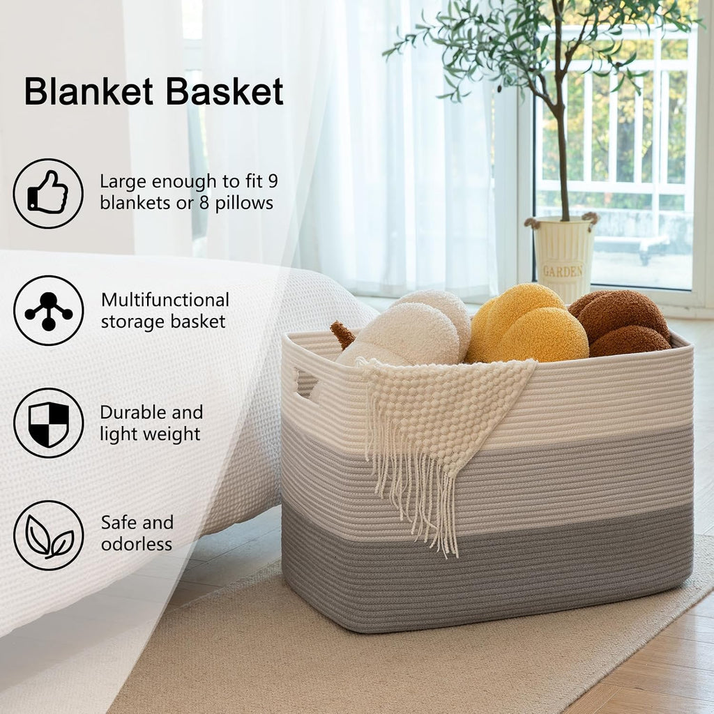 OIAHOMY 118L Extra Large Blanket Basket Cotton Rope Storage Basket Grey