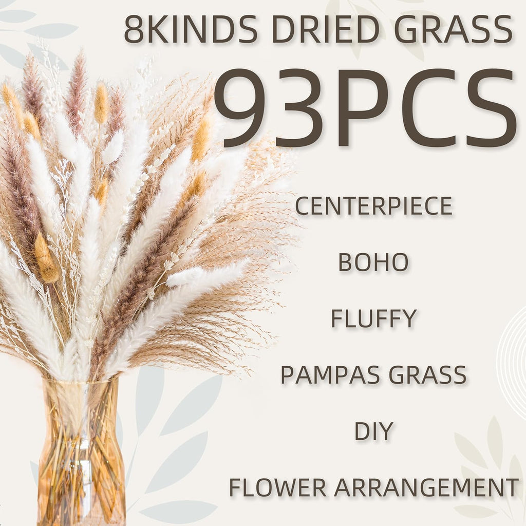 Natural Pampas Grass 8kind Grass Mix Bouquet | Dried Pampas Bouquet for Wedding Boho Flowers Home Table Desk Decor, Rustic Farmhouse Decor (93PCS) (Pack of 2)