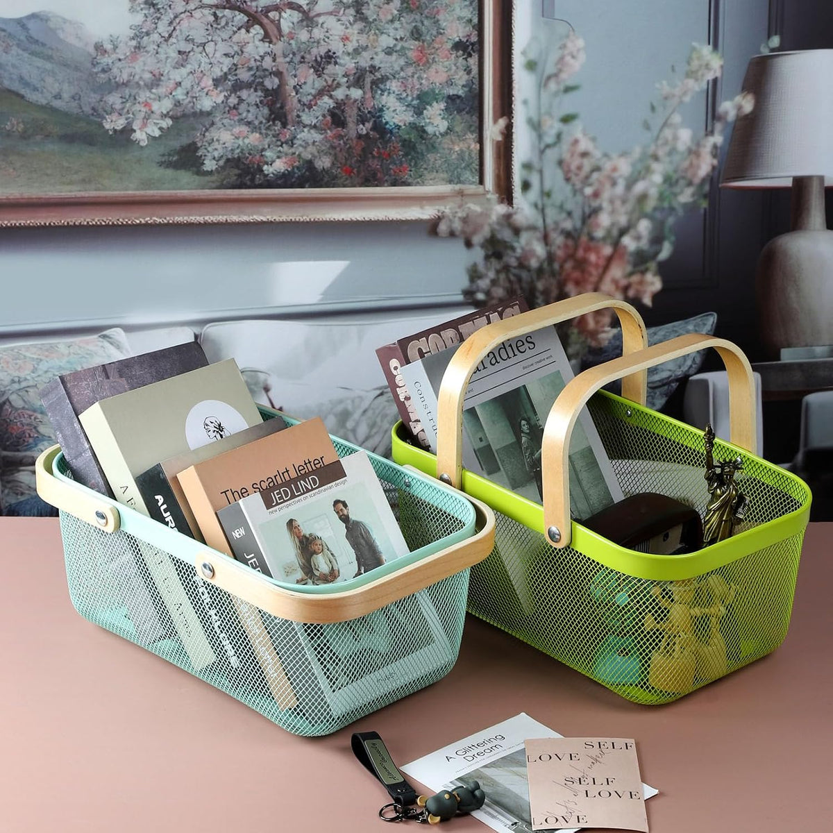 Coloful Metal Mesh Wire Basket with Foldable Wooden Handle,Bin Garden Fruit Vegetable Storage Hanging Harvest Holder for Kitchen Bathroom Picnic (Light Pink, Cuboid-15.7 x 9.5 x 7.2“)