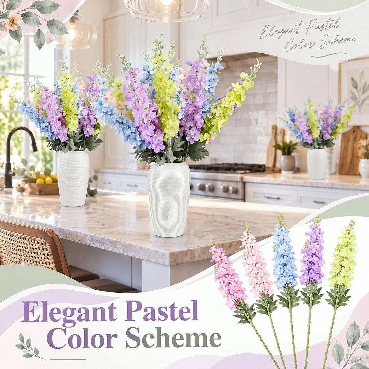 Thiccywoov 50 Pcs Pastel Delphinium Artificial Flower Bulk, 34.25"