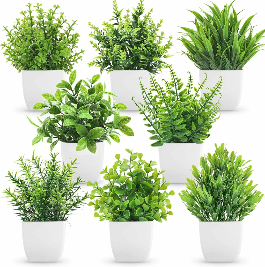 Der Rose 8 Pack Small Fake Plants in White Pots, Bathroom Home Decor Indoor