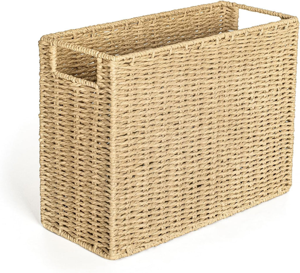 AELS Woven Natural Fibre Magazine Holder, Magazine Rack Floor, Hand-Woven Magazine Organizer, Natural Paper Rope Magazine Basket with Handles, Boho Modern Farmhouse Book Basket, Newspaper Holder
