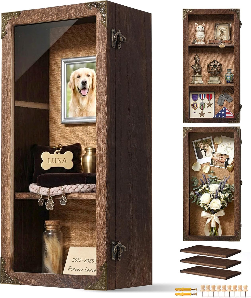 Shadow Box Frame 8x16 with Real Glass Door, Deep Solid Wood Memory Display Case with 4 Inch Outer Depth, for Medals, Collectibles, Photos, Flowers, Wall Mount or Tabletop